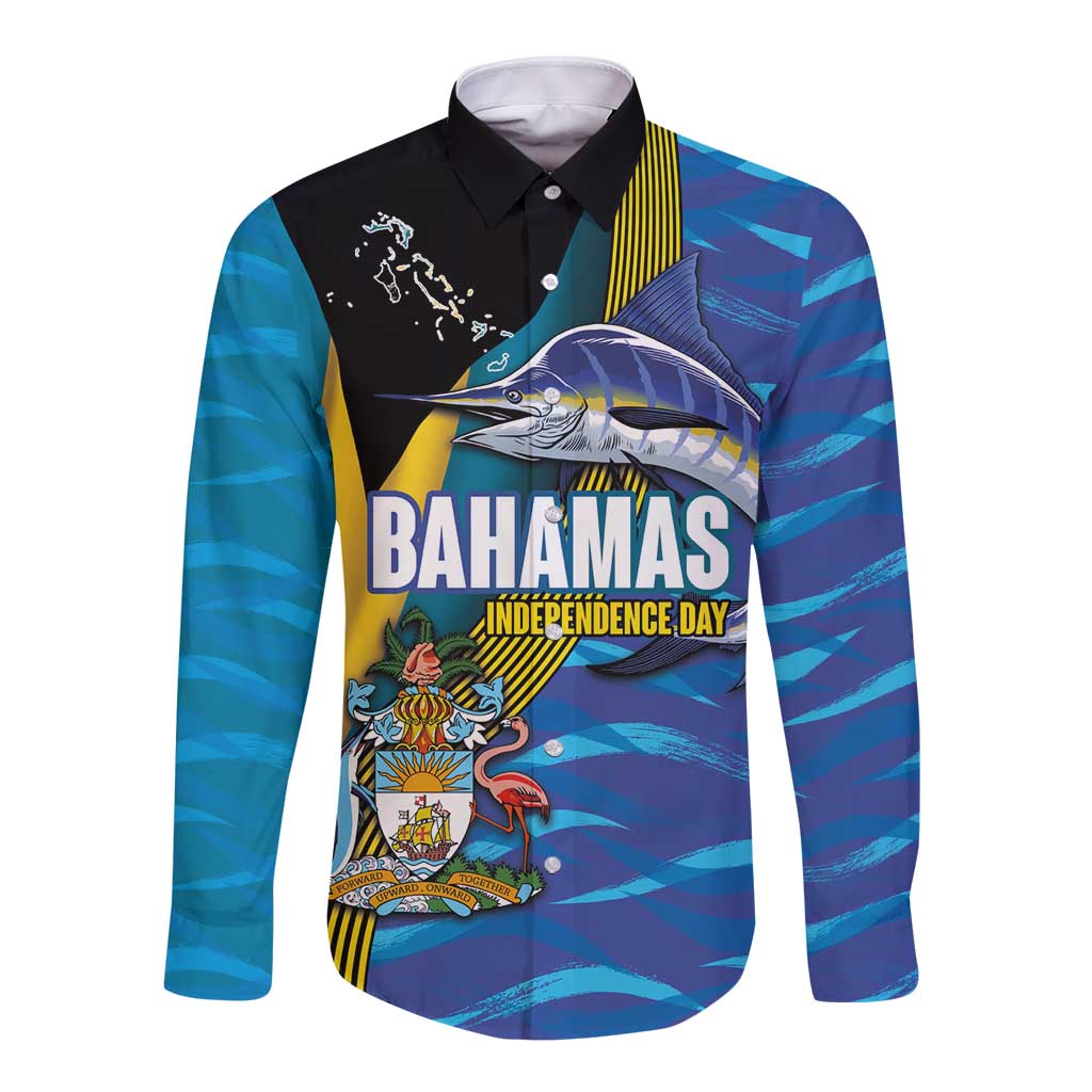 Bahamas Independence Day Long Sleeve Button Shirt National Flag Style with Blue Marlin and Emblem