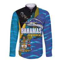 Bahamas Independence Day Long Sleeve Button Shirt National Flag Style with Blue Marlin and Emblem