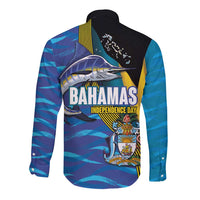 Bahamas Independence Day Long Sleeve Button Shirt National Flag Style with Blue Marlin and Emblem