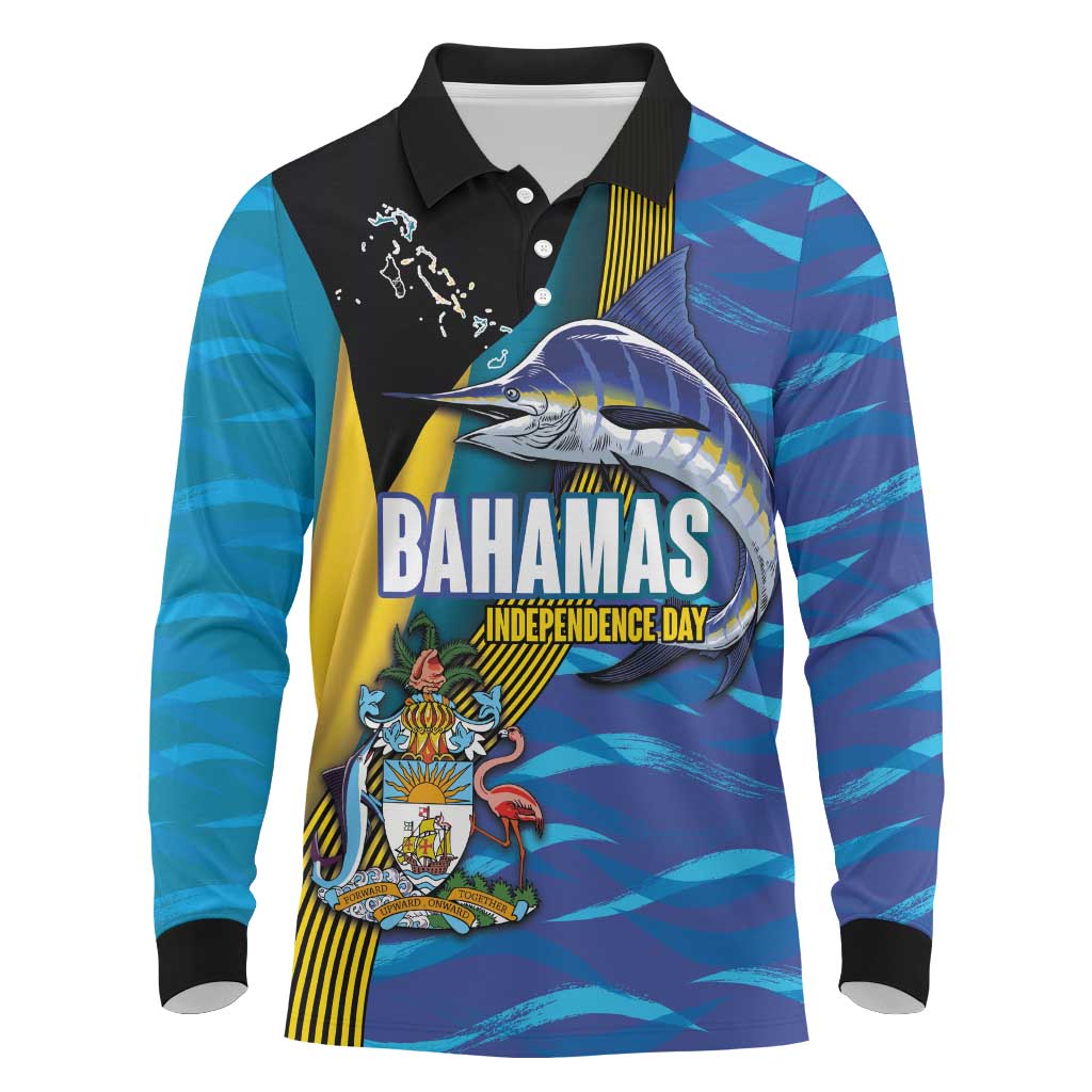 Bahamas Independence Day Long Sleeve Polo Shirt National Flag Style with Blue Marlin and Emblem