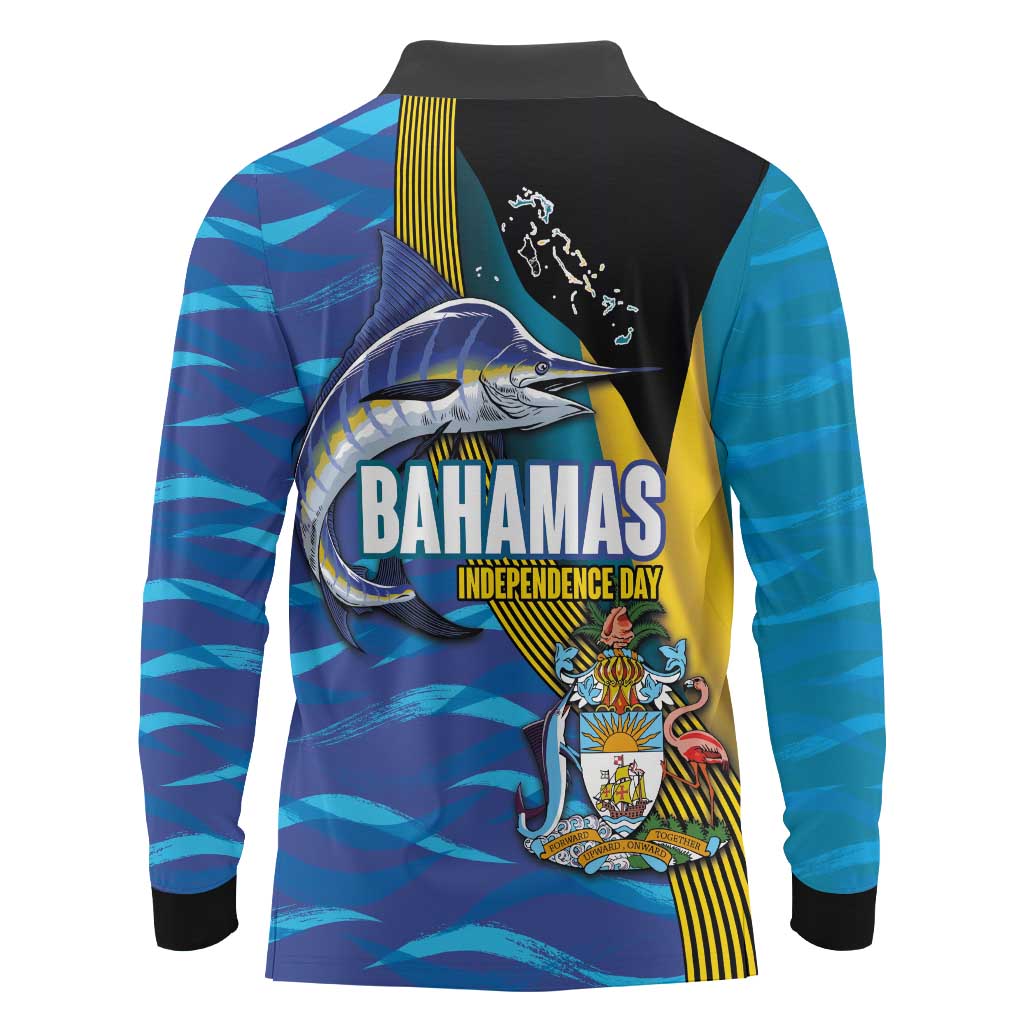 Bahamas Independence Day Long Sleeve Polo Shirt National Flag Style with Blue Marlin and Emblem