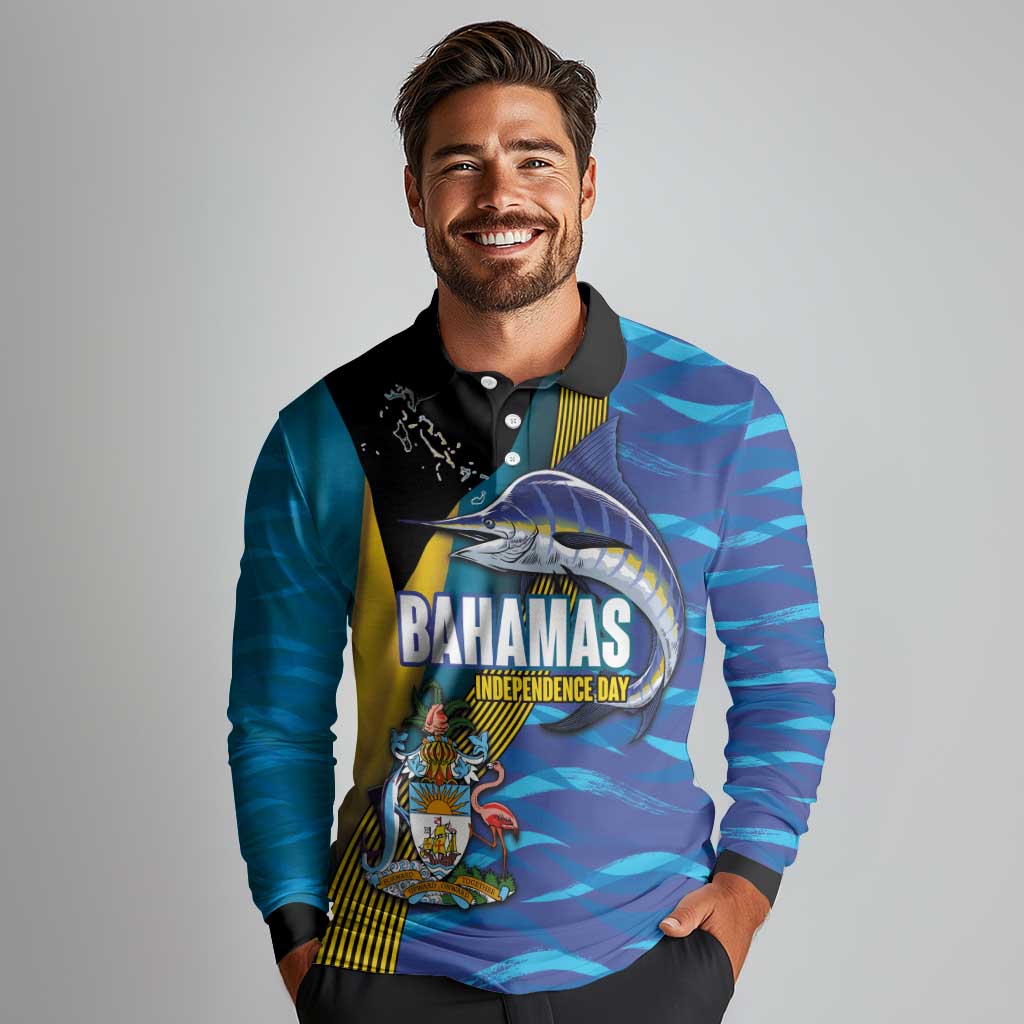 Bahamas Independence Day Long Sleeve Polo Shirt National Flag Style with Blue Marlin and Emblem