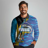 Bahamas Independence Day Long Sleeve Polo Shirt National Flag Style with Blue Marlin and Emblem