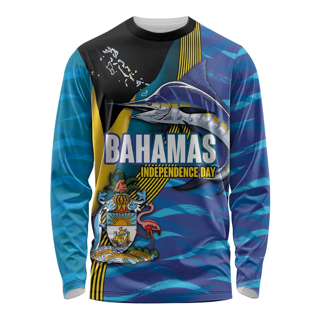 Bahamas Independence Day Long Sleeve Shirt National Flag Style with Blue Marlin and Emblem