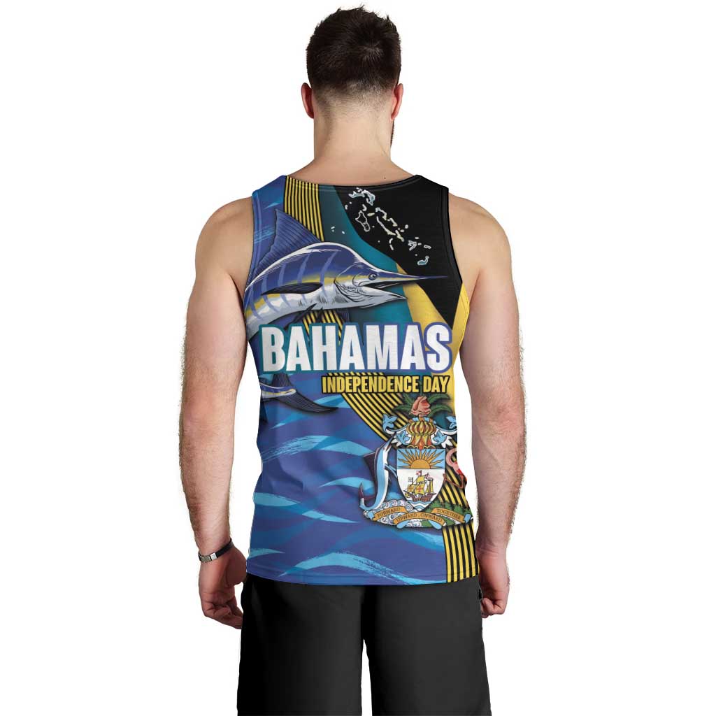 Bahamas Independence Day Men Tank Top National Flag Style with Blue Marlin and Emblem