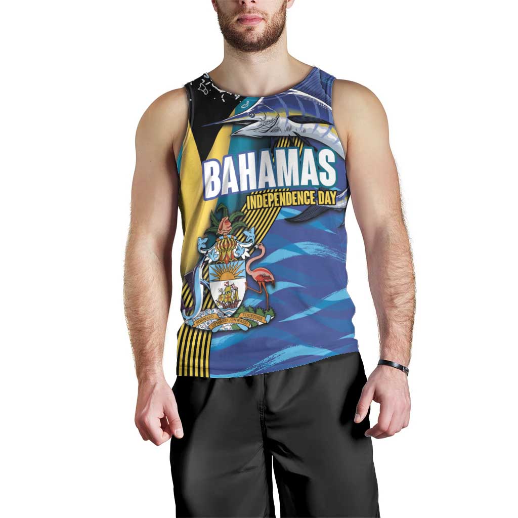 Bahamas Independence Day Men Tank Top National Flag Style with Blue Marlin and Emblem