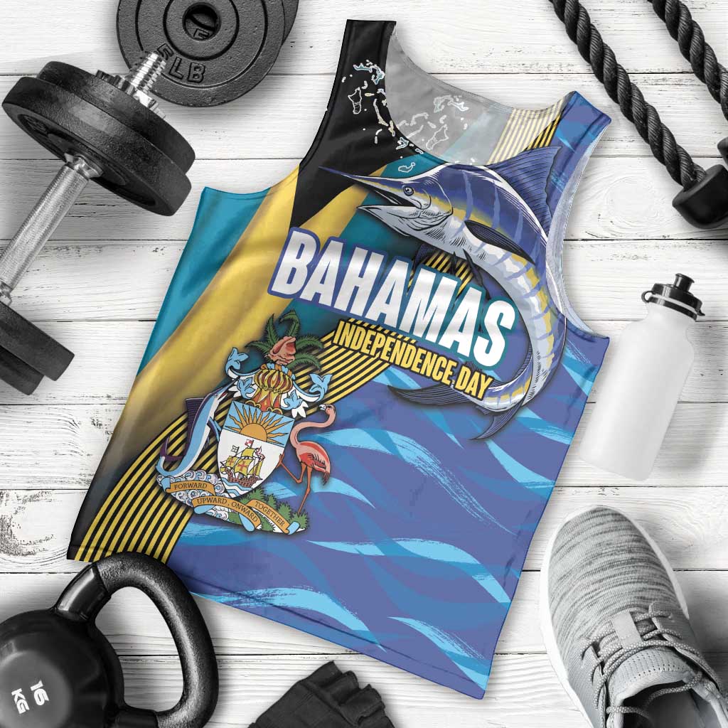 Bahamas Independence Day Men Tank Top National Flag Style with Blue Marlin and Emblem