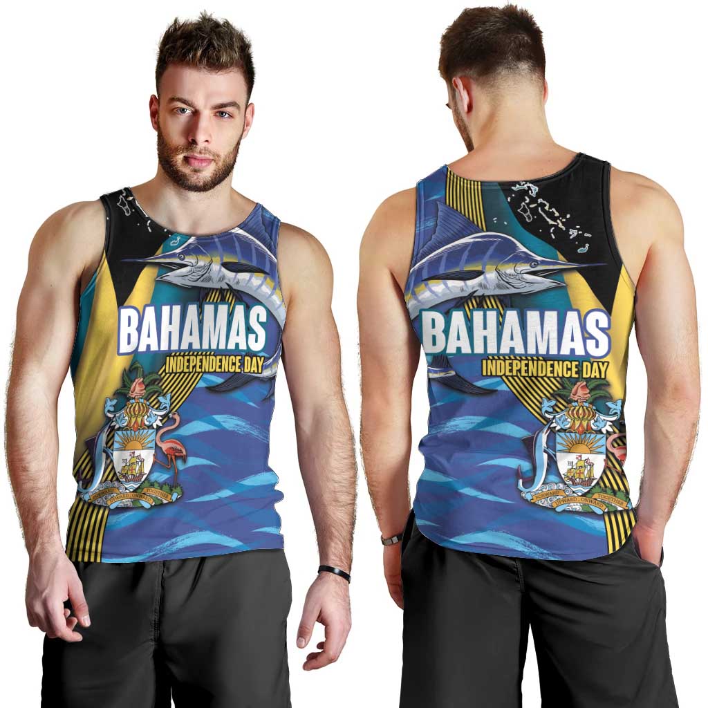 Bahamas Independence Day Men Tank Top National Flag Style with Blue Marlin and Emblem