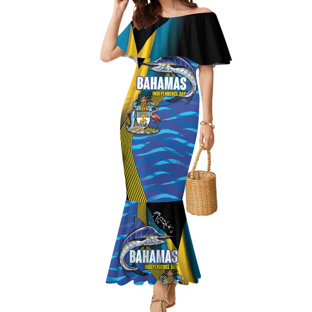 Bahamas Independence Day Mermaid Dress National Flag Style with Blue Marlin and Emblem