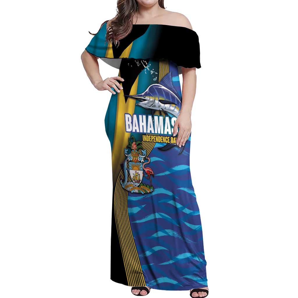 Bahamas Independence Day Off Shoulder Maxi Dress National Flag Style with Blue Marlin and Emblem