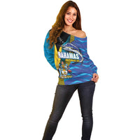 Bahamas Independence Day Off Shoulder Sweater National Flag Style with Blue Marlin and Emblem