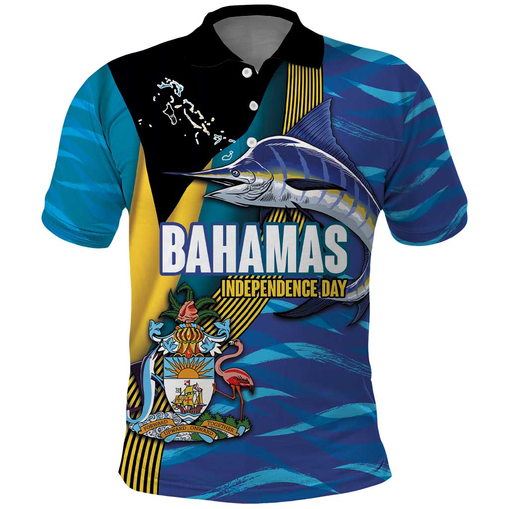 Bahamas Independence Day Polo Shirt National Flag Style with Blue Marlin and Emblem
