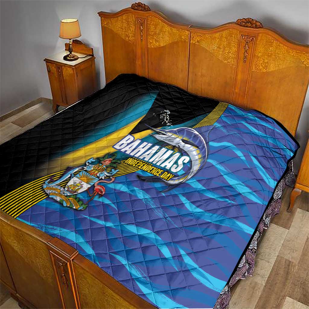 Bahamas Independence Day Quilt National Flag Style with Blue Marlin and Emblem