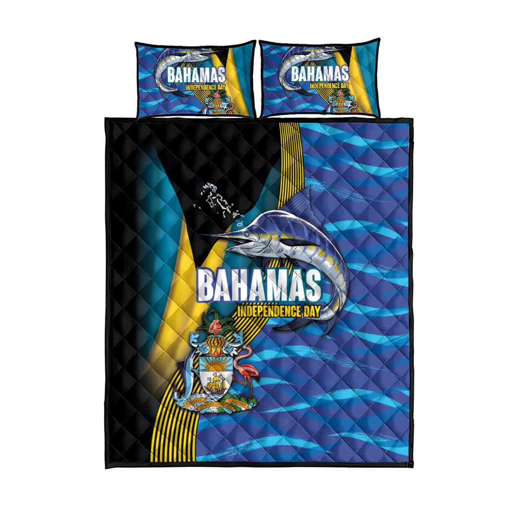 Bahamas Independence Day Quilt Bed Set National Flag Style with Blue Marlin and Emblem