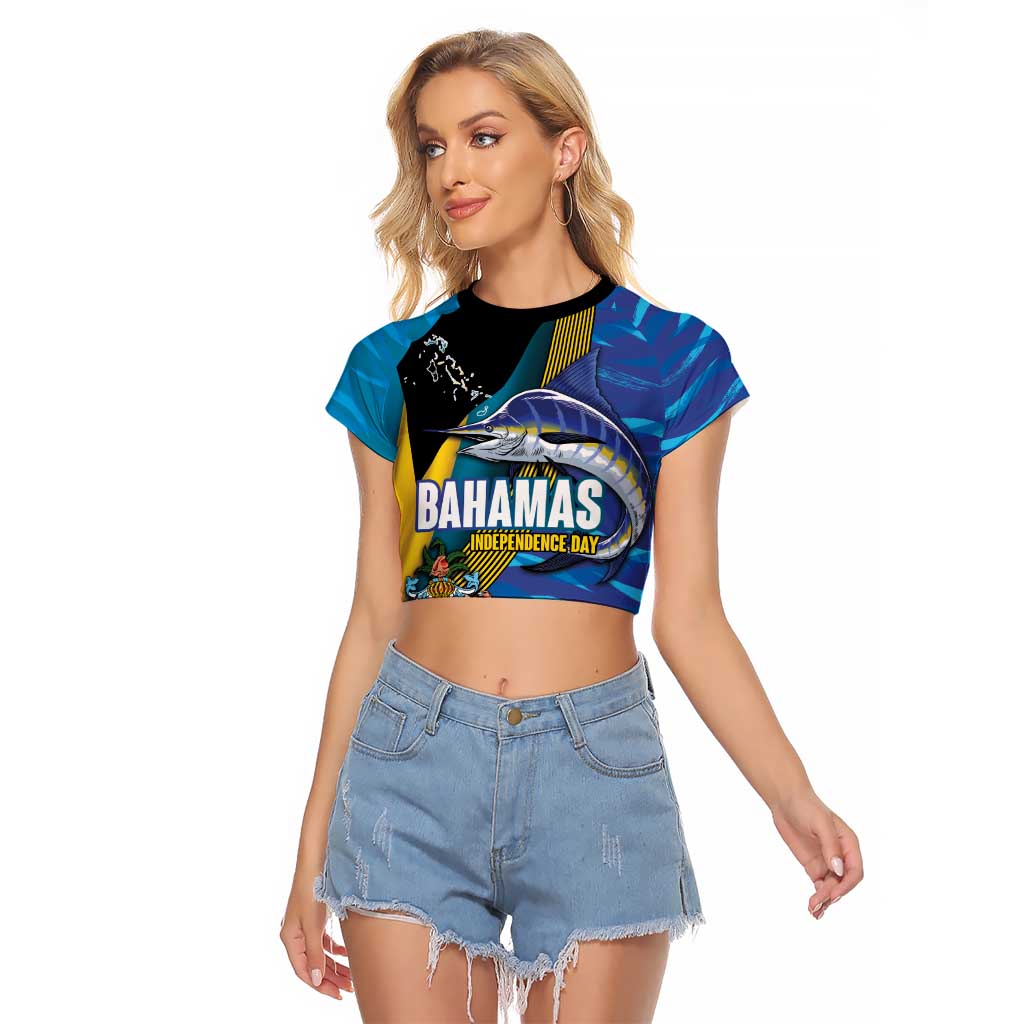 Bahamas Independence Day Raglan Cropped T Shirt National Flag Style with Blue Marlin and Emblem