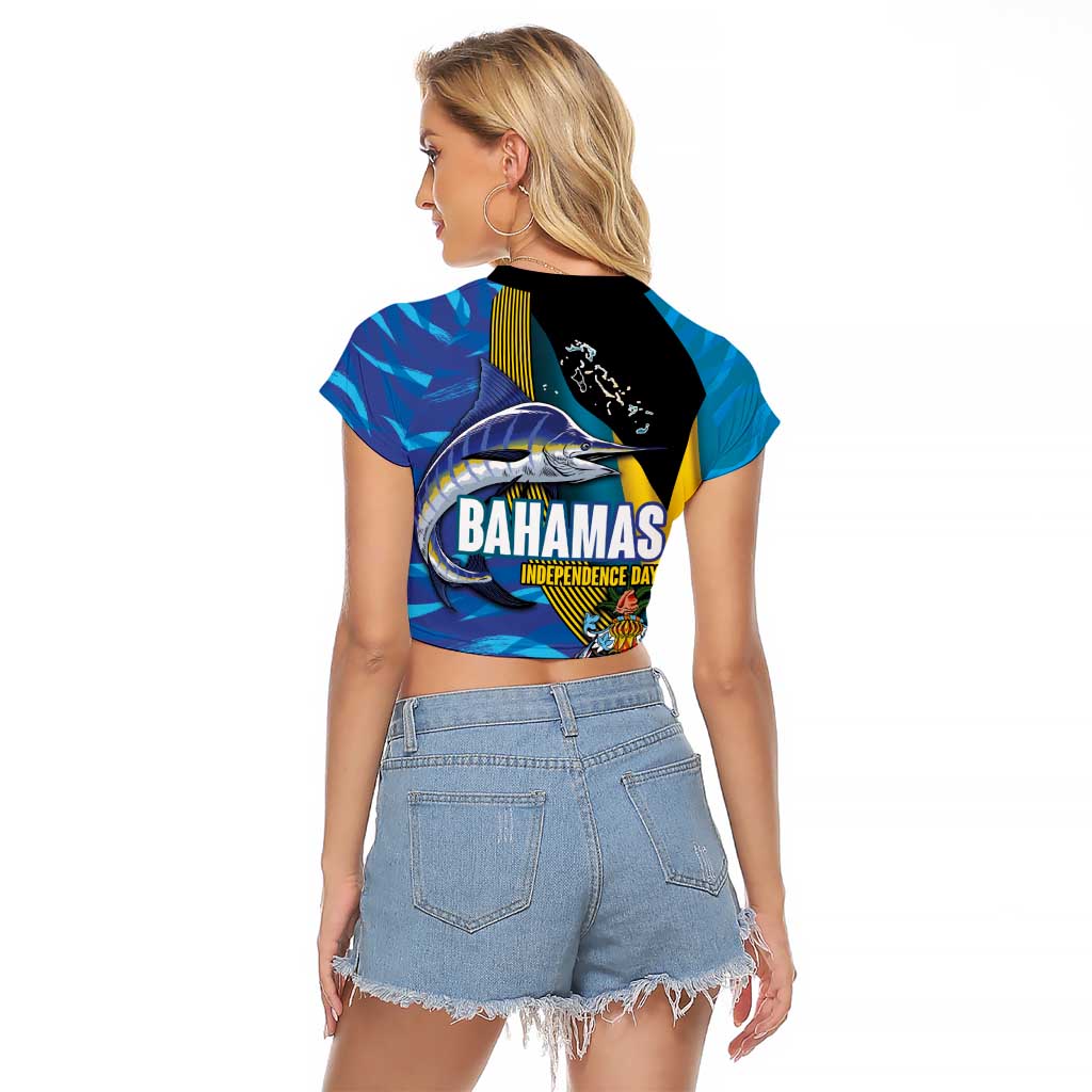 Bahamas Independence Day Raglan Cropped T Shirt National Flag Style with Blue Marlin and Emblem