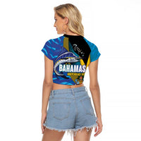 Bahamas Independence Day Raglan Cropped T Shirt National Flag Style with Blue Marlin and Emblem