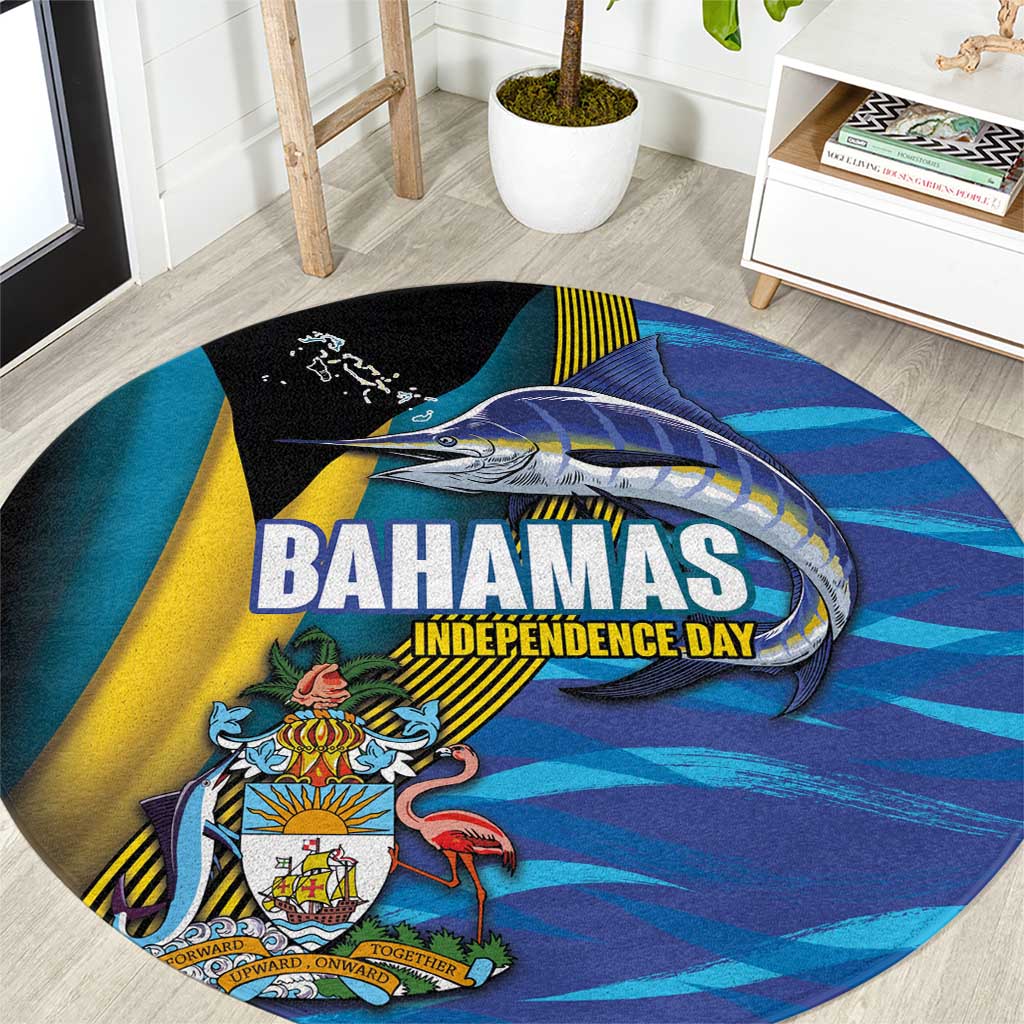 Bahamas Independence Day Round Carpet National Flag Style with Blue Marlin and Emblem
