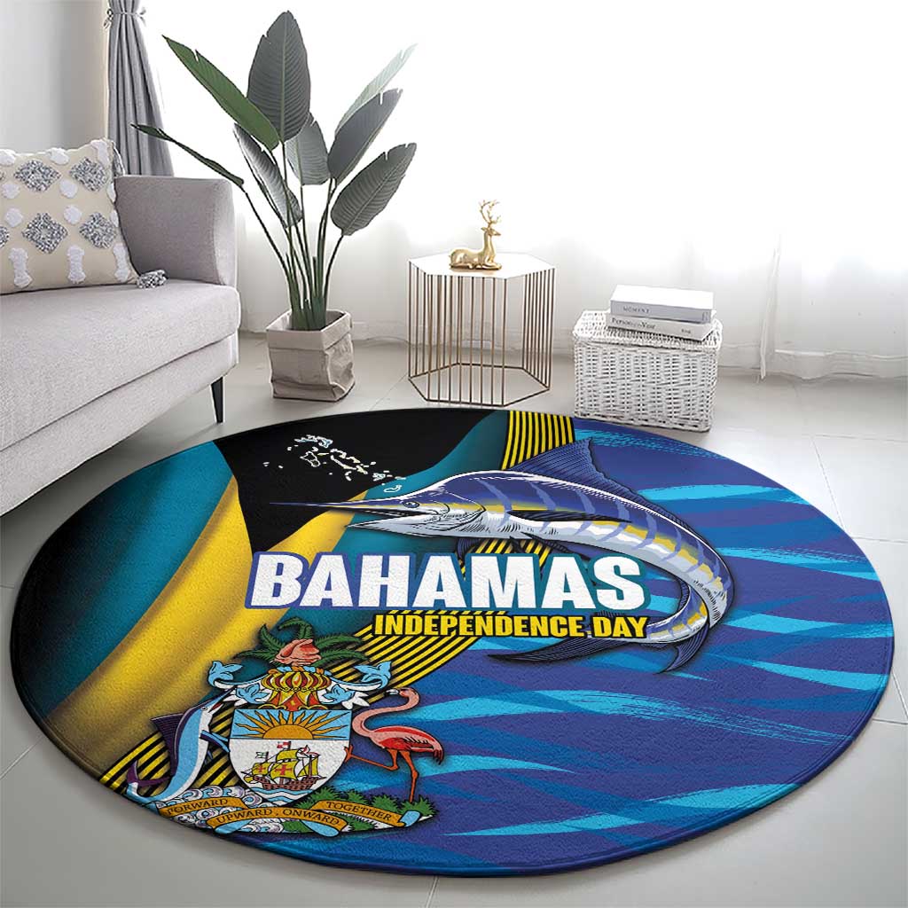 Bahamas Independence Day Round Carpet National Flag Style with Blue Marlin and Emblem