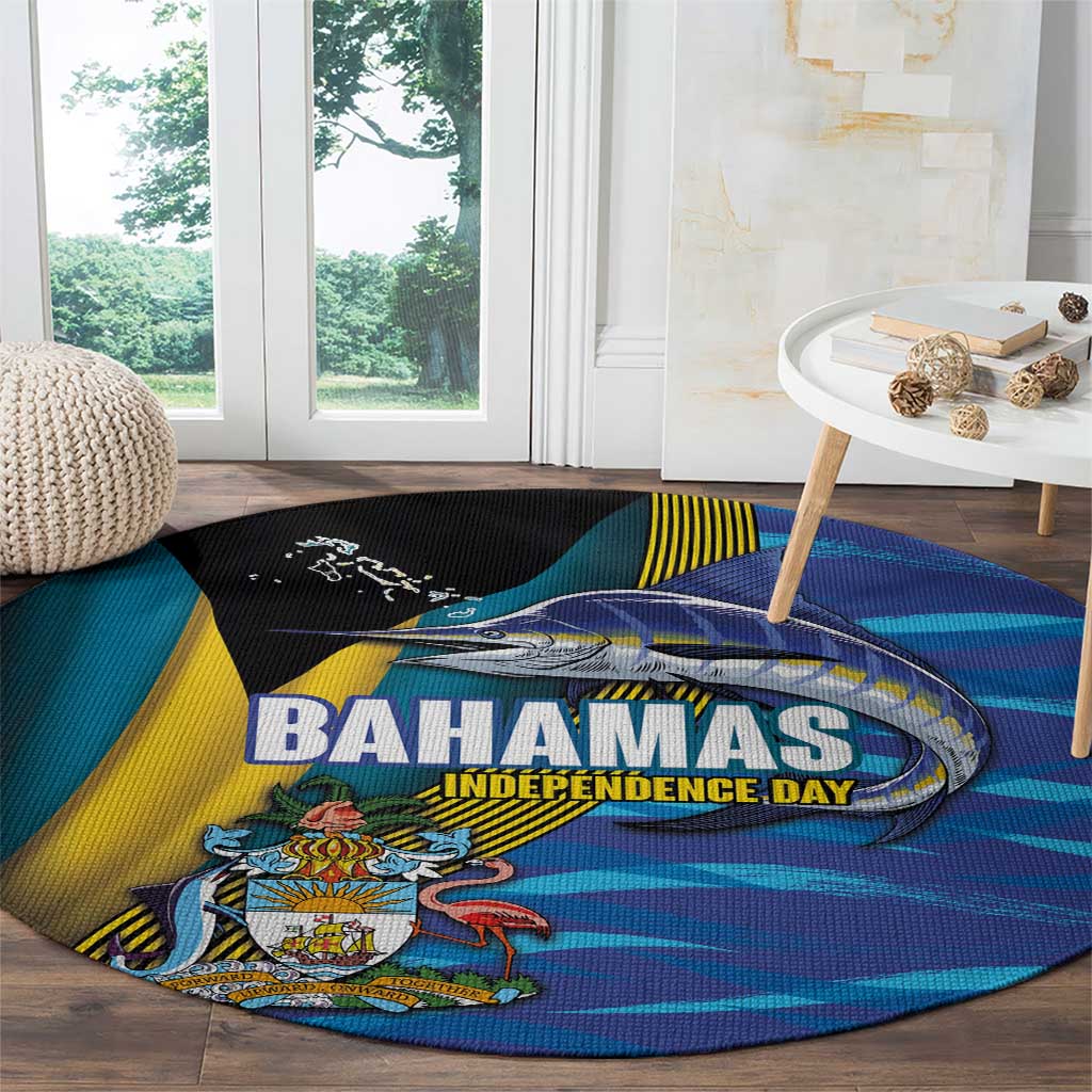 Bahamas Independence Day Round Carpet National Flag Style with Blue Marlin and Emblem