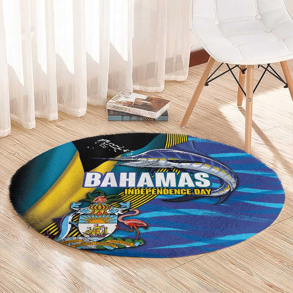 Bahamas Independence Day Round Carpet National Flag Style with Blue Marlin and Emblem