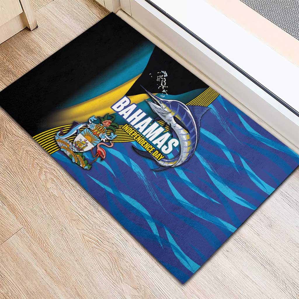 Bahamas Independence Day Rubber Doormat National Flag Style with Blue Marlin and Emblem