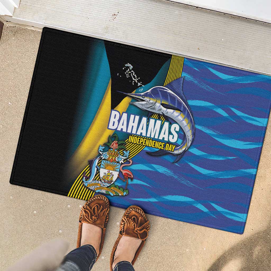 Bahamas Independence Day Rubber Doormat National Flag Style with Blue Marlin and Emblem
