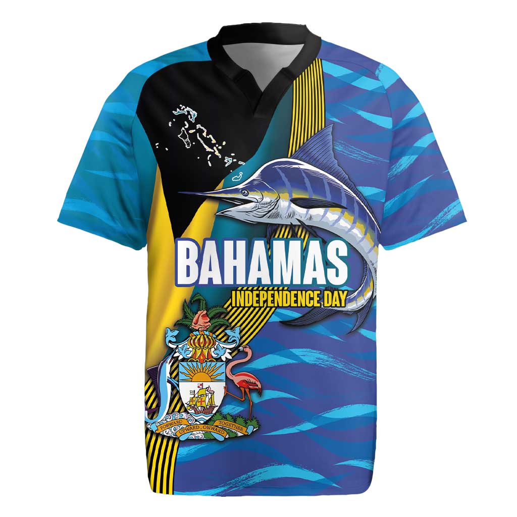 Bahamas Independence Day Rugby Jersey National Flag Style with Blue Marlin and Emblem