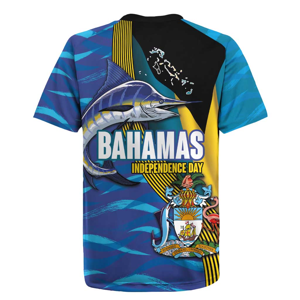 Bahamas Independence Day Rugby Jersey National Flag Style with Blue Marlin and Emblem