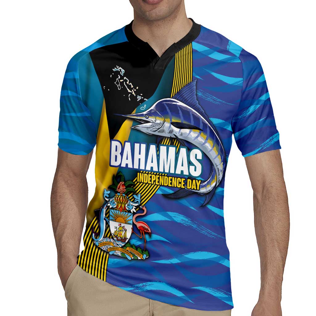 Bahamas Independence Day Rugby Jersey National Flag Style with Blue Marlin and Emblem
