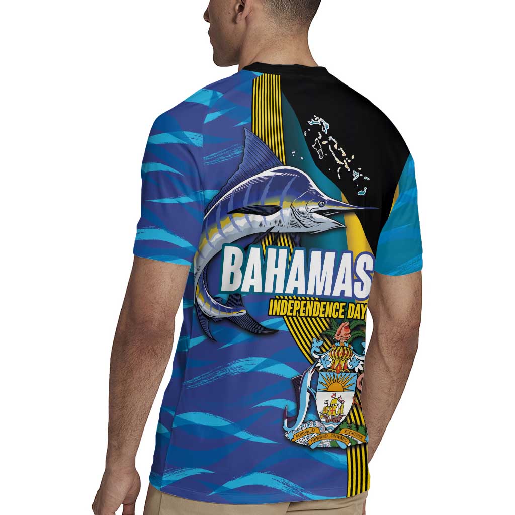 Bahamas Independence Day Rugby Jersey National Flag Style with Blue Marlin and Emblem