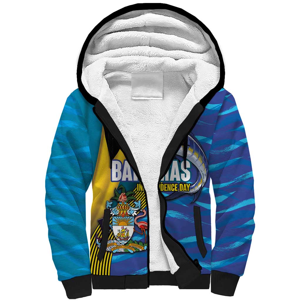 Bahamas Independence Day Sherpa Hoodie National Flag Style with Blue Marlin and Emblem