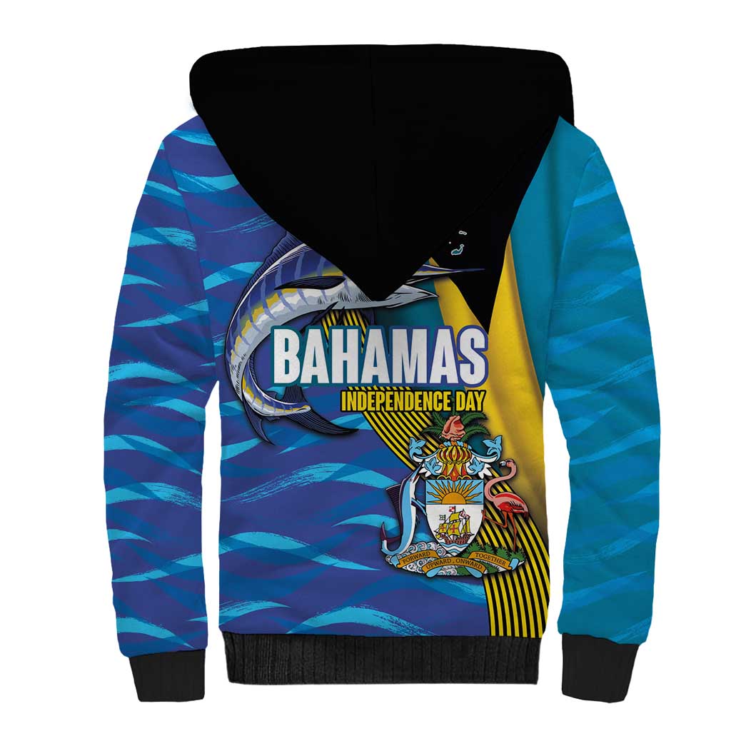 Bahamas Independence Day Sherpa Hoodie National Flag Style with Blue Marlin and Emblem
