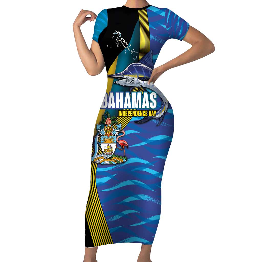 Bahamas Independence Day Short Sleeve Bodycon Dress National Flag Style with Blue Marlin and Emblem