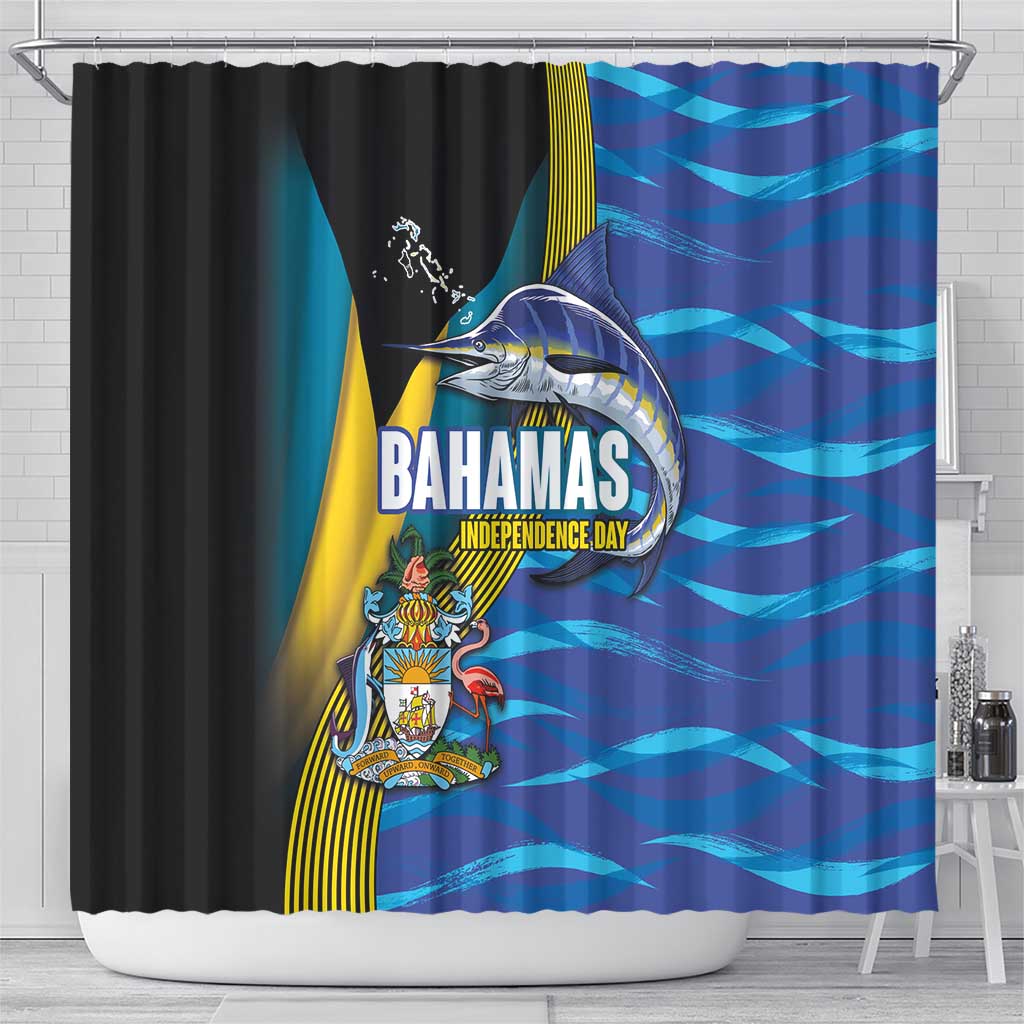 Bahamas Independence Day Shower Curtain National Flag Style with Blue Marlin and Emblem