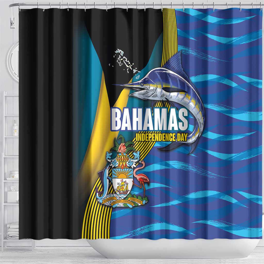 Bahamas Independence Day Shower Curtain National Flag Style with Blue Marlin and Emblem