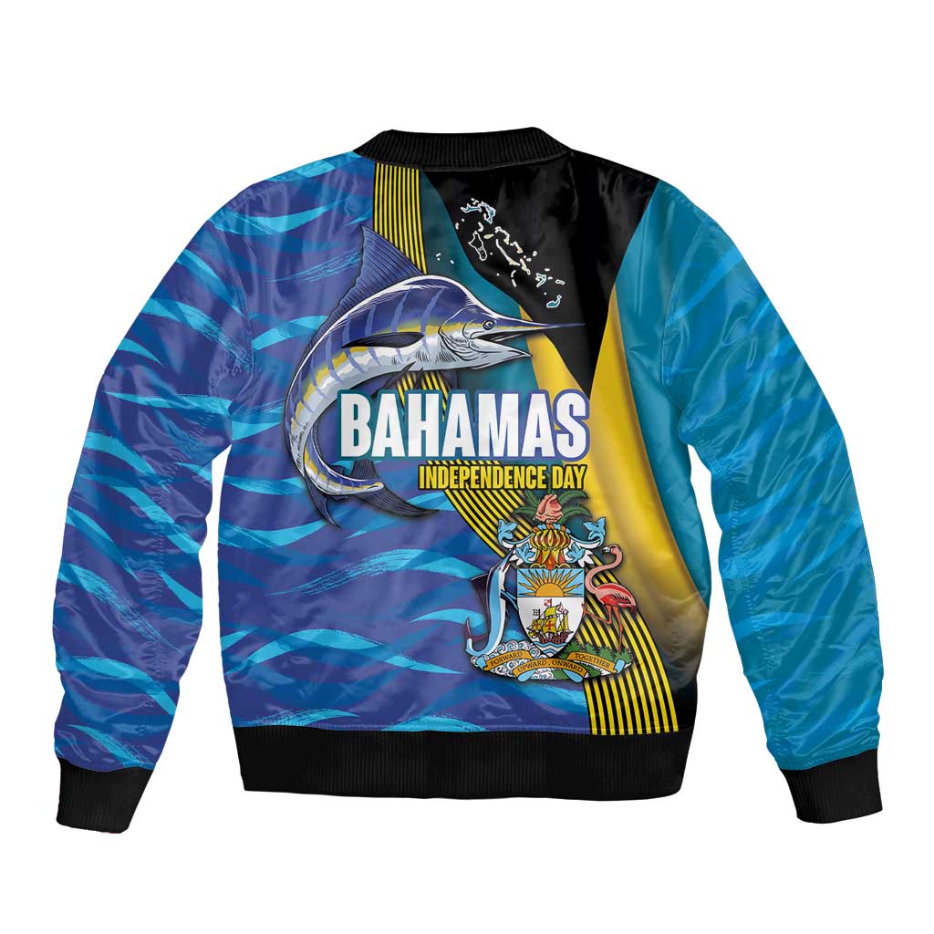 Bahamas Independence Day Sleeve Zip Bomber Jacket National Flag Style with Blue Marlin and Emblem