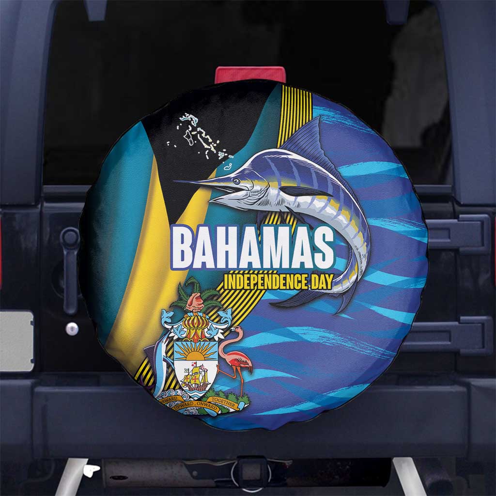 Bahamas Independence Day Spare Tire Cover National Flag Style with Blue Marlin and Emblem