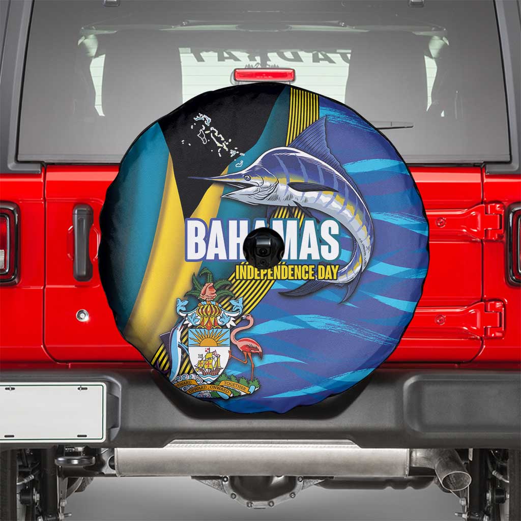 Bahamas Independence Day Spare Tire Cover National Flag Style with Blue Marlin and Emblem