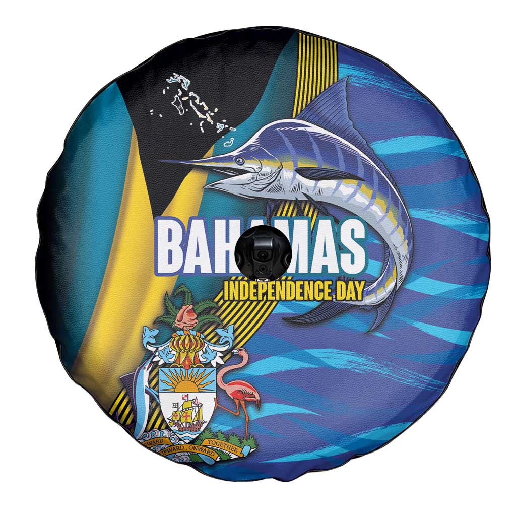 Bahamas Independence Day Spare Tire Cover National Flag Style with Blue Marlin and Emblem