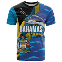 Bahamas Independence Day T Shirt National Flag Style with Blue Marlin and Emblem