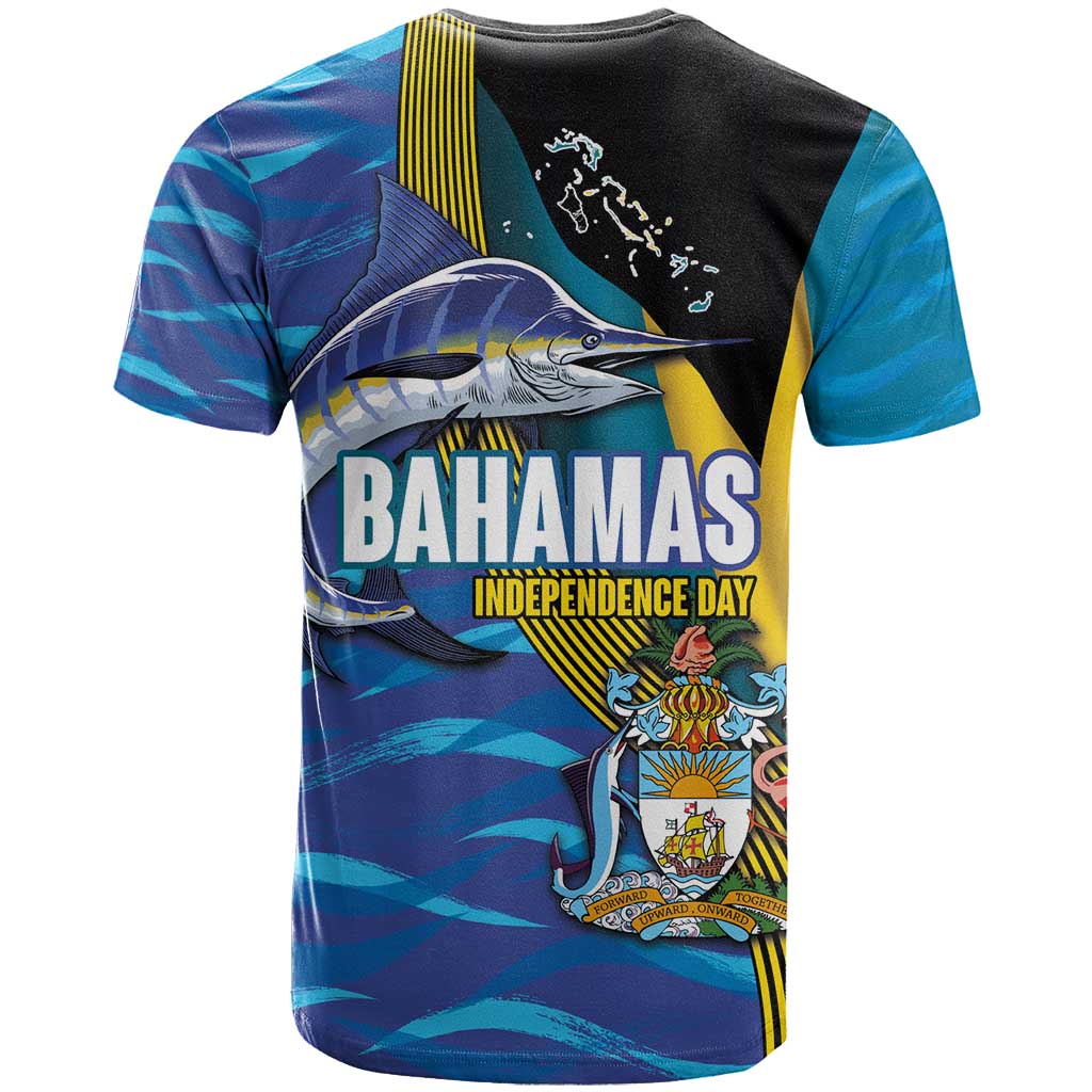 Bahamas Independence Day T Shirt National Flag Style with Blue Marlin and Emblem