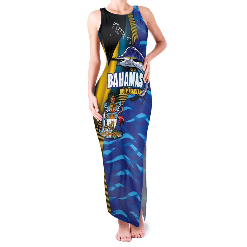 Bahamas Independence Day Tank Maxi Dress National Flag Style with Blue Marlin and Emblem