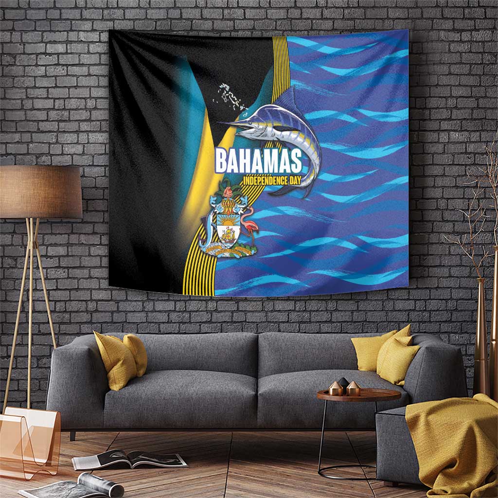 Bahamas Independence Day Tapestry National Flag Style with Blue Marlin and Emblem