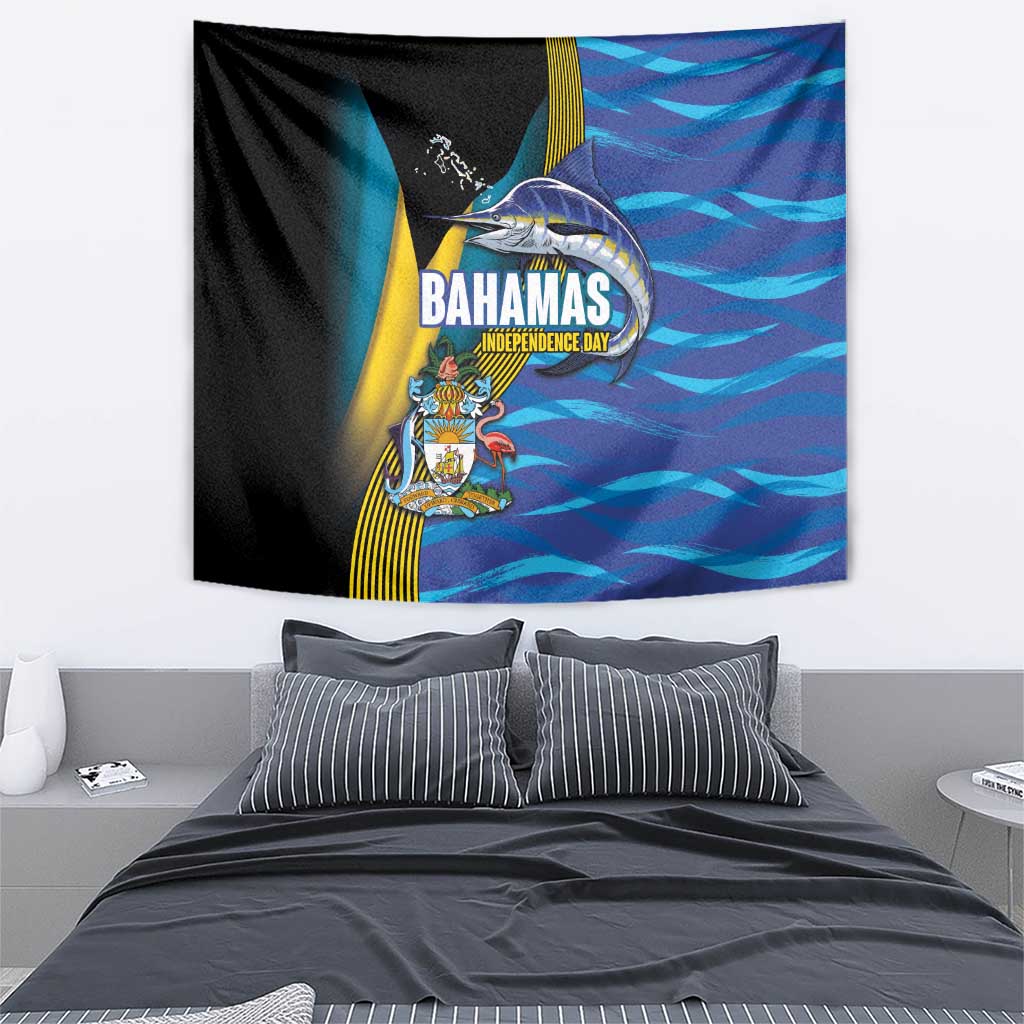 Bahamas Independence Day Tapestry National Flag Style with Blue Marlin and Emblem