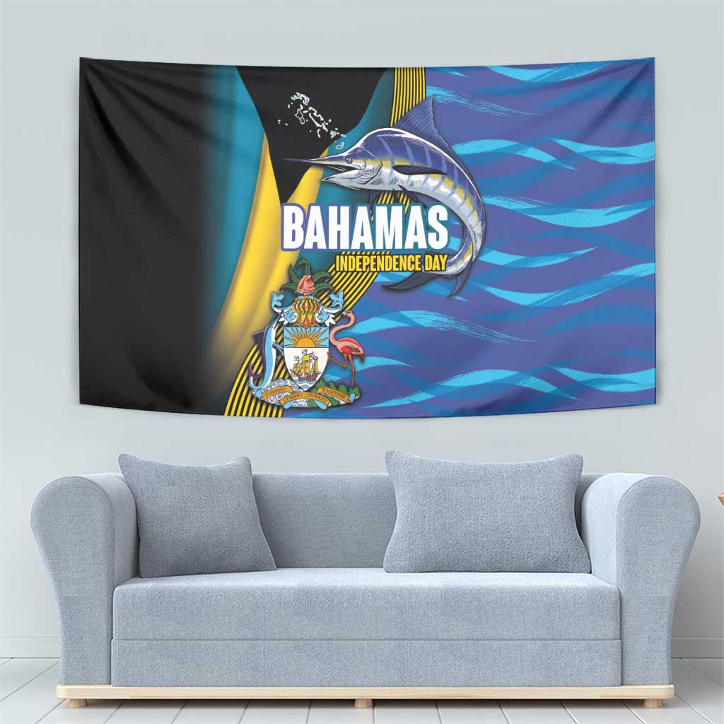 Bahamas Independence Day Tapestry National Flag Style with Blue Marlin and Emblem