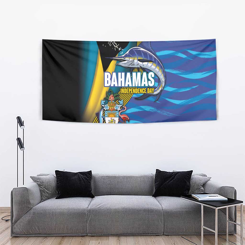 Bahamas Independence Day Tapestry National Flag Style with Blue Marlin and Emblem