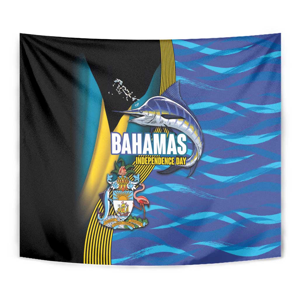 Bahamas Independence Day Tapestry National Flag Style with Blue Marlin and Emblem