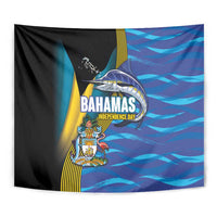 Bahamas Independence Day Tapestry National Flag Style with Blue Marlin and Emblem