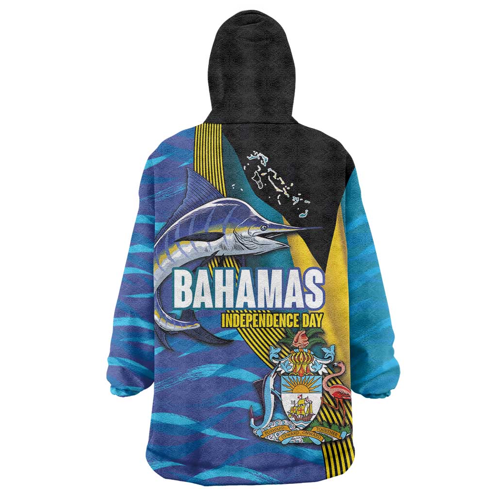 Bahamas Independence Day Wearable Blanket Hoodie National Flag Style with Blue Marlin and Emblem